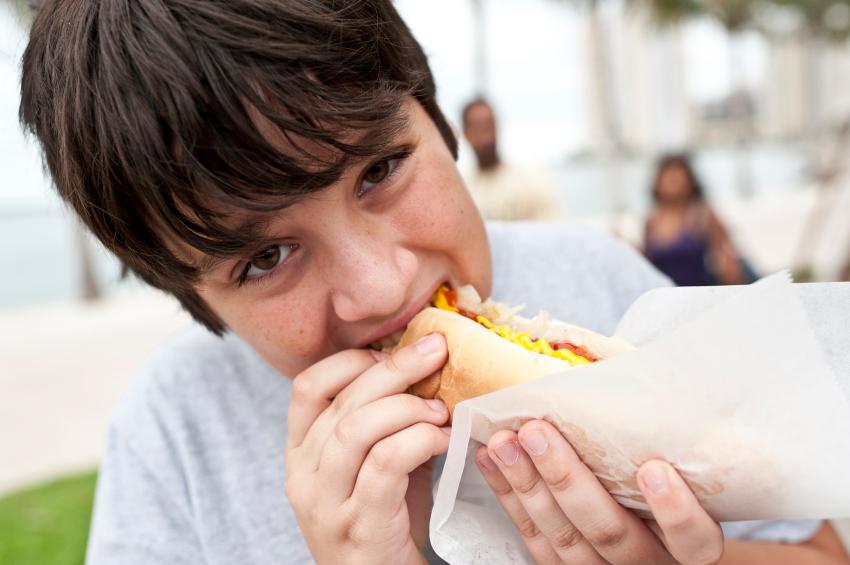 Boy eating a hot dog
