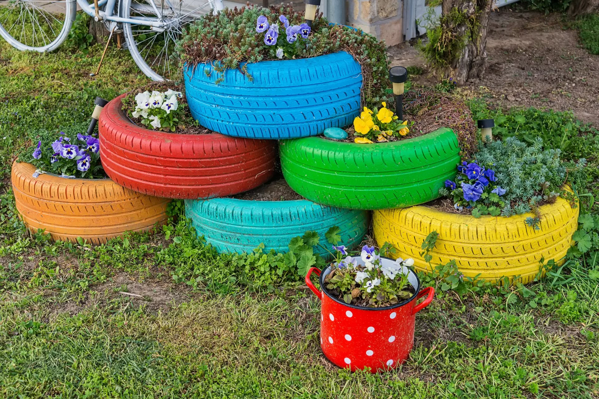 Colorful flowers and tire pots.