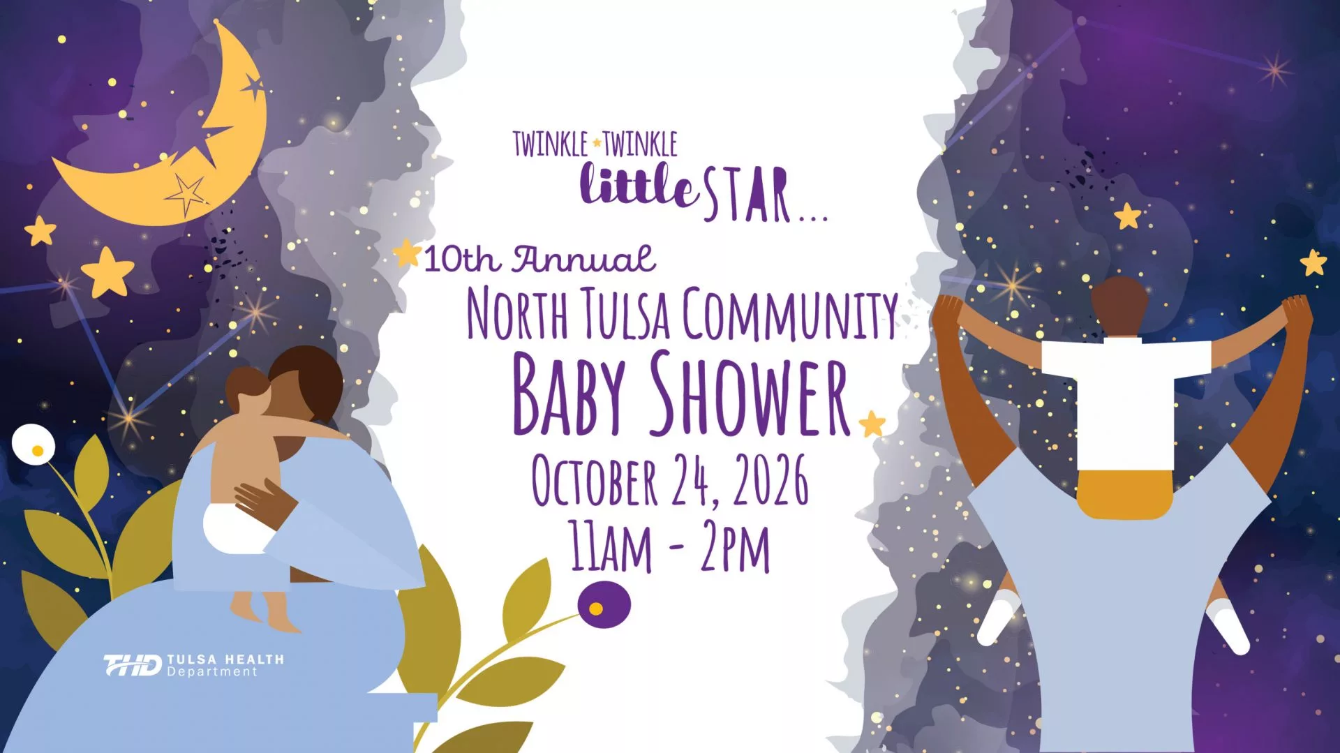Center text reads: "Twinkle Twinkle Little Star... 10th Annual North Tulsa Community Baby Shower, October 24, 2026, 11am - 2pm.