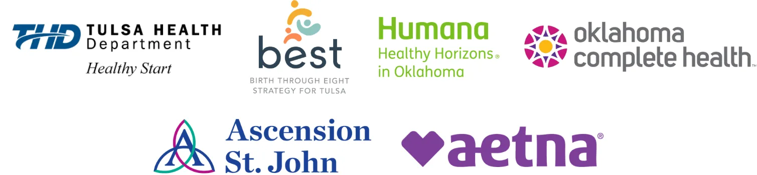 Sponsorship logos for the 10th Annual North Tulsa Community Baby Shower: Tulsa Health Department (Healthy Start), BEST, Humana, Oklahoma Complete Health, Ascension St. John and Aetna