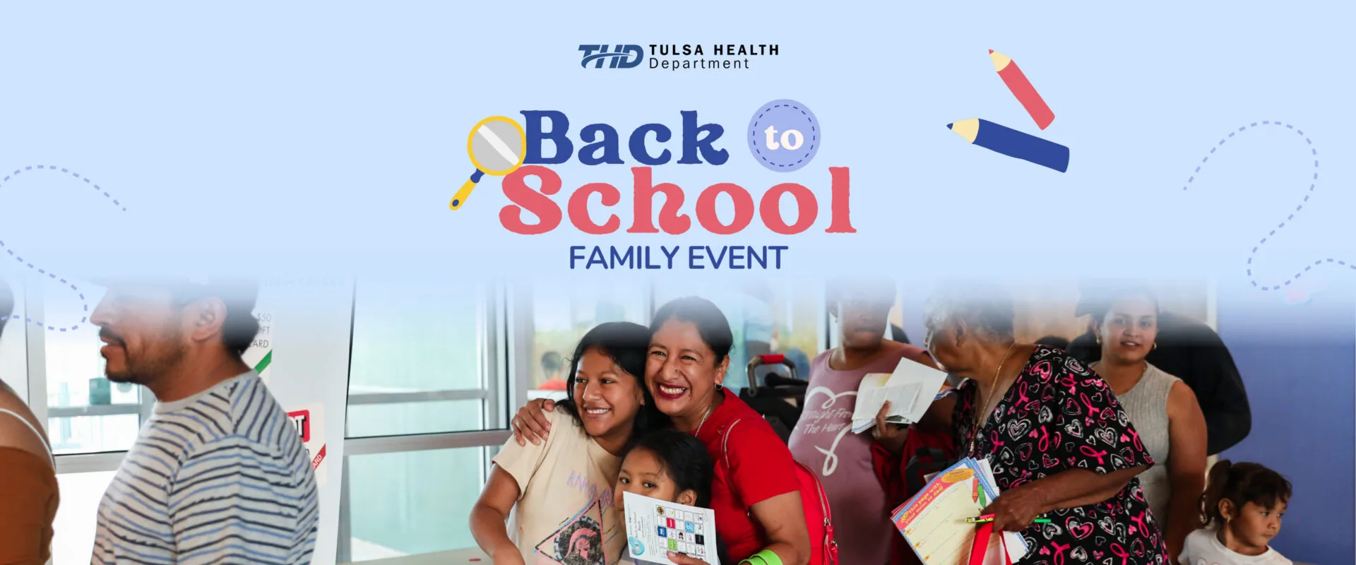 Tulsa Health Department flyer promoting the "Back to School Family Event" on Saturday, August 1, from 1:00 to 4:00 p.m. at the North Regional Health & Wellness Center, 5635 N. Martin Luther King Jr. Blvd., Tulsa, OK 74126. The flyer features school-themed illustrations including an open book, magnifying glass and pencils.